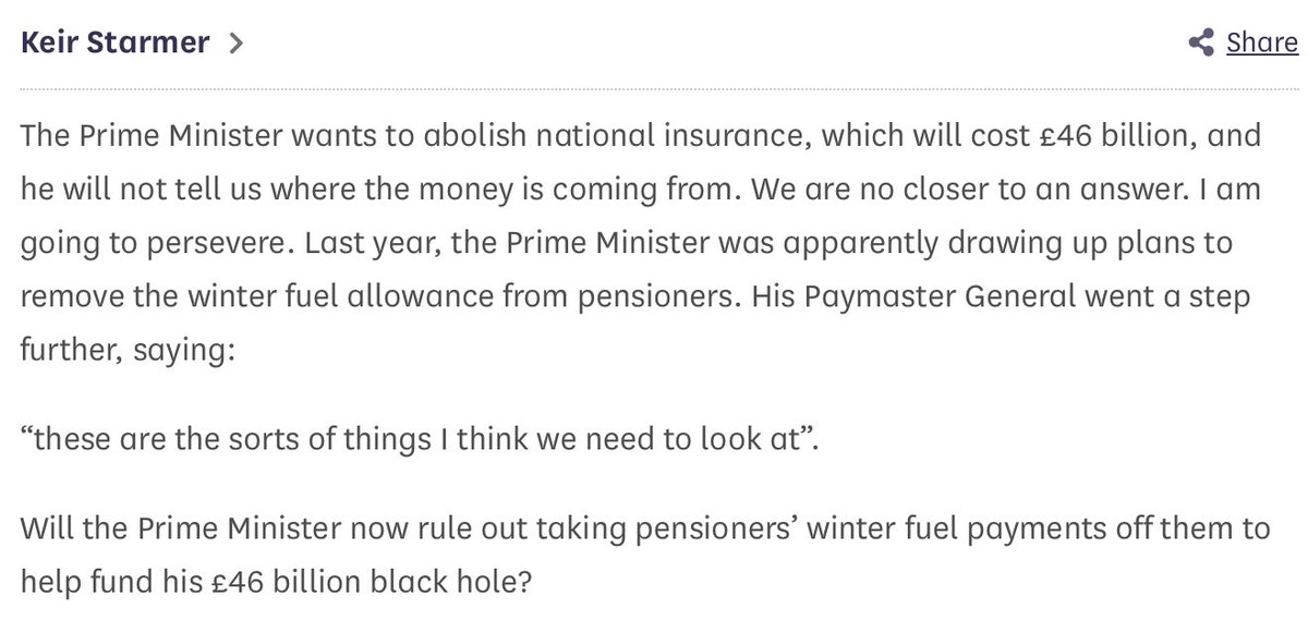 Keir Starmer asked this question in parliament on 1 May 2024, showing that he knew that there was a black hole in the government’s finances and that he was already aware that Winter Fuel Allowance could be used to fill it. Prime Ministerial amnesia is an an amazing thing.