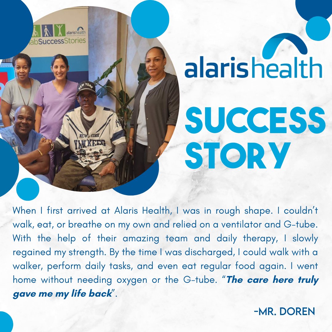 Alaris_Health's tweet photo. After arriving on a ventilator and unable to walk, this patient regained independence through dedicated therapy. Now breathing on their own, walking, and enjoying a regular diet, we’re proud of their incredible progress! 🙌 #SuccessStory #AlarisHealth #Rehabilitation https://t.co/41EX3EMKLp