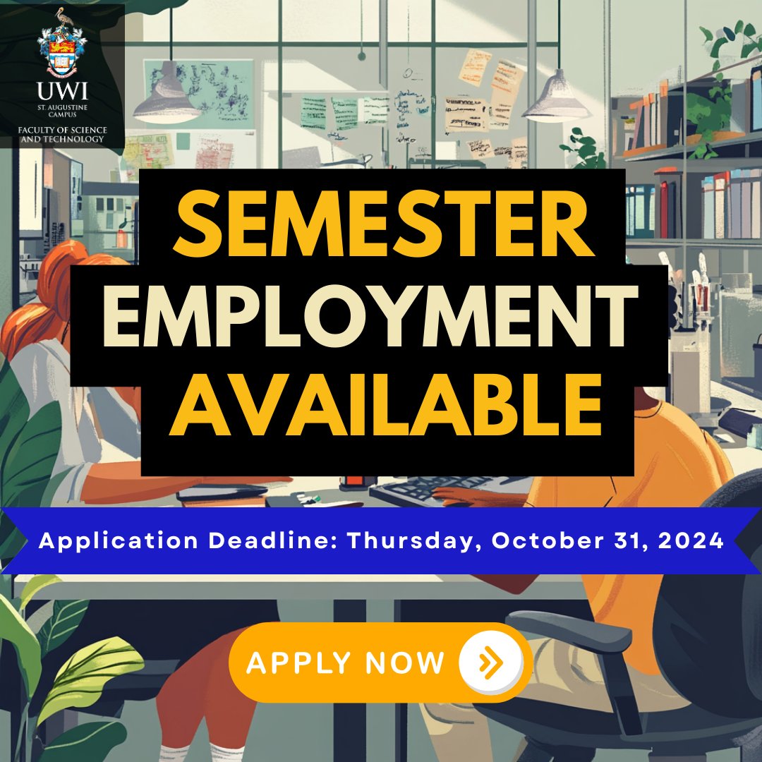 Attention FST Students! Semester employment is open for full-time undergrad and postgrad students. 🗓️Apply by Oct 31, 2024!

Apply now at: tinyurl.com/Semester-Emplo…

#FSTUWI