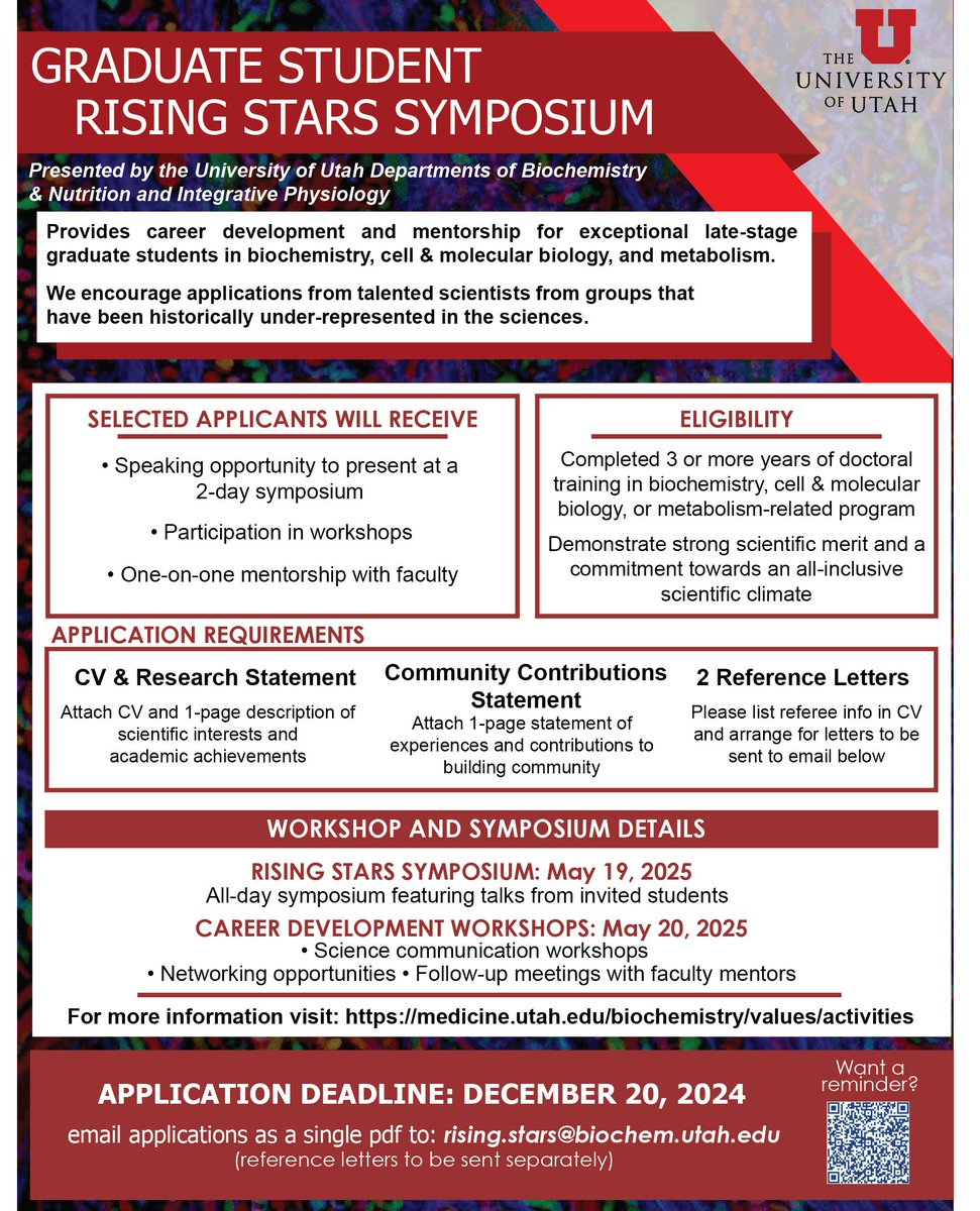 Tyler Starr (@tylernstarr) on Twitter photo We are excited to host our fourth annual Graduate Student Rising Stars symposium <a href="/UofUBiochem/">U of Utah Dept of Biochemistry</a> <a href="/uofunuip/">U of U NUIP</a> this upcoming May, 2025. See attached flyer for information, and follow the QR code (shorturl.at/elrQR) if you want to sign up for reminders to apply. Spread the word! We are excited to host our fourth annual Graduate Student Rising Stars symposium <a href="/UofUBiochem/">U of Utah Dept of Biochemistry</a> <a href="/uofunuip/">U of U NUIP</a> this upcoming May, 2025. See attached flyer for information, and follow the QR code (shorturl.at/elrQR) if you want to sign up for reminders to apply. Spread the word!
