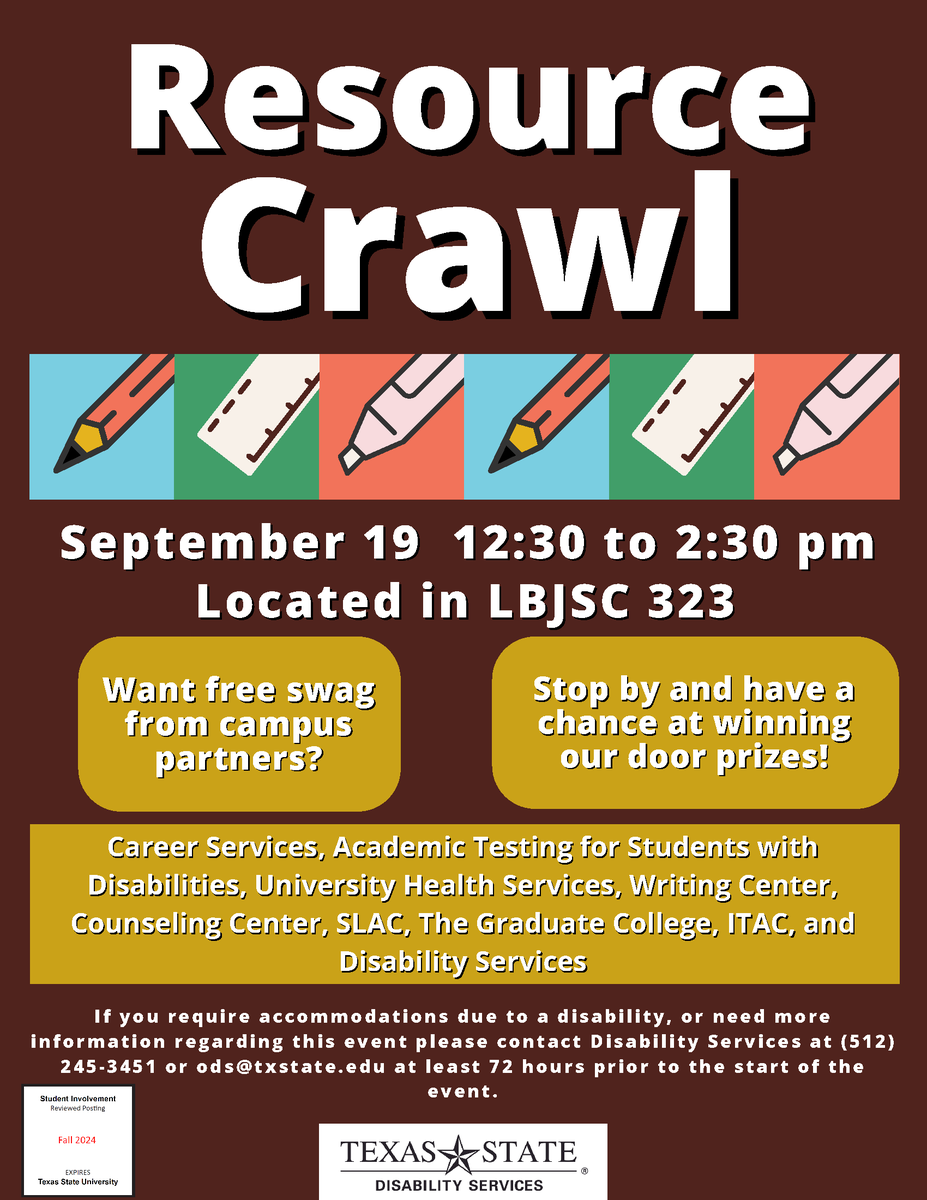 Join Disability Services tomorrow, the 19th for a Resource Crawl! 12:30-2:30pm in LBJSC 232.
