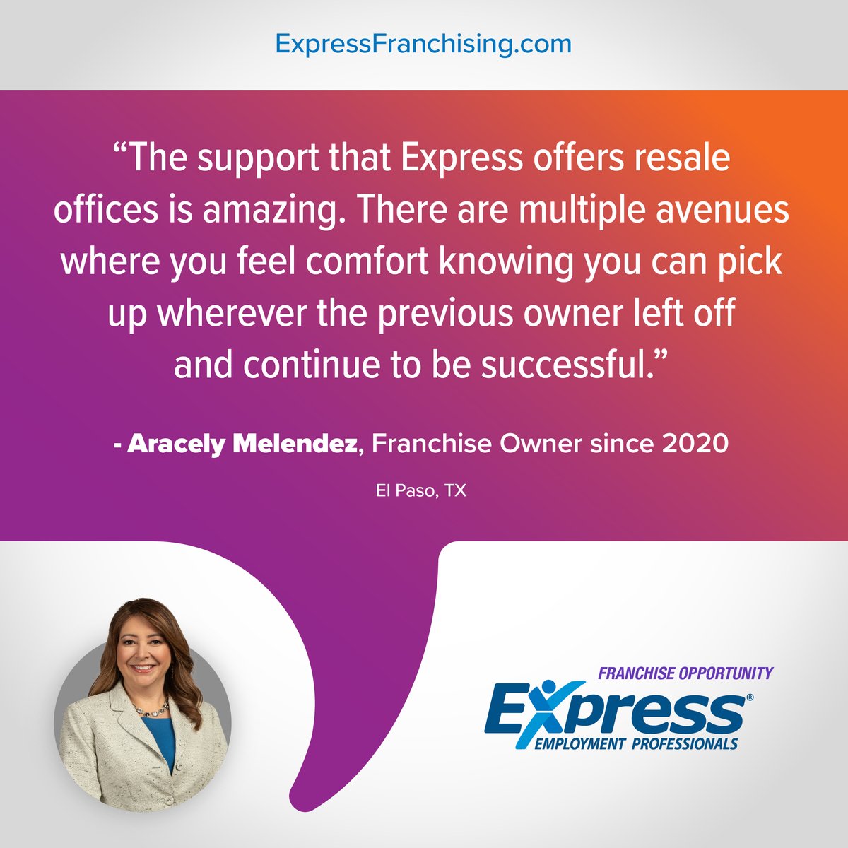 expressfran's tweet image. The support for Express Employment Professionals Franchisees is unmatched, which helps new Franchisees taking over an established office be ready to hit the ground running on the path toward success.