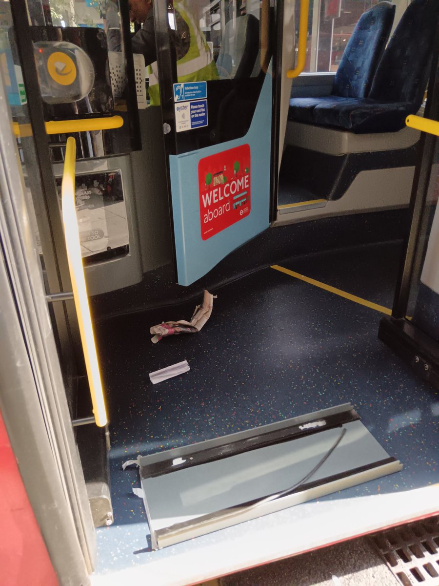 tiranth's tweet photo. A large heavy metal panel fell on #184route driver's head, nearly killing him, when he opened door to let passengers know of a diversion. Surprised to see panel was stuck on there with some masking tape and not properly fixed or repaired. @TfL #SafetyFirst #workplacesafety https://t.co/4zoVbuIwFD