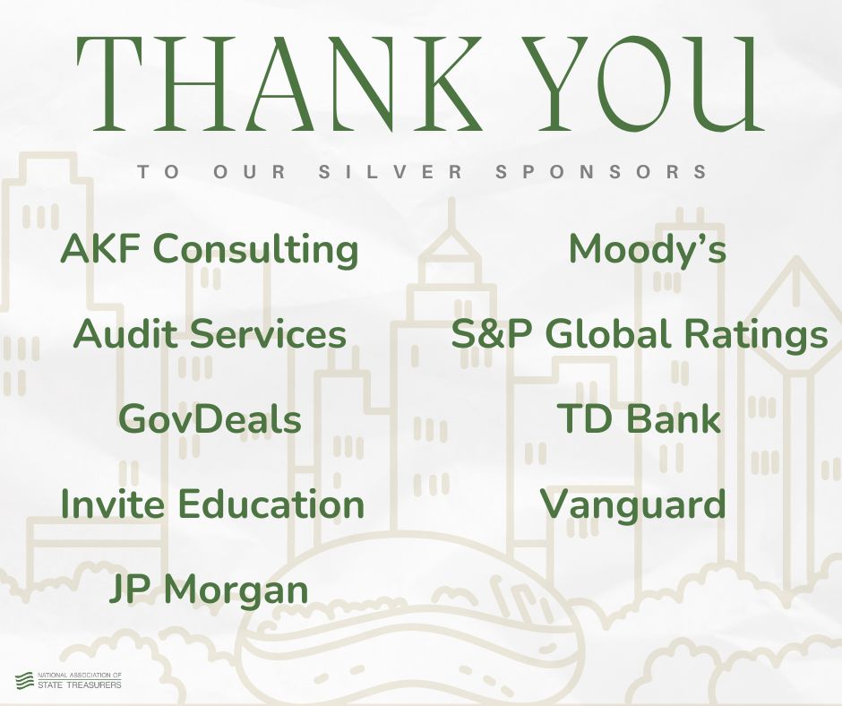 Our silver sponsors will shine in Chicago for the #NAST2024 Annual Conference in just a couple days. Thank you <a href="/529Source/">Andrea Feirstein</a>, @auditservicesus, <a href="/GovDeals/">GovDeals, Inc.</a>, <a href="/InviteEducation/">@InviteEducation</a>, <a href="/jpmorgan/">J.P. Morgan</a>, <a href="/MoodysUSPubFin/">Moody's US Public Finance</a>, <a href="/SPGlobal/">S&P Global</a>, <a href="/TDBank_US/">TD Bank</a>, and <a href="/Vanguard_Group/">Vanguard</a>.