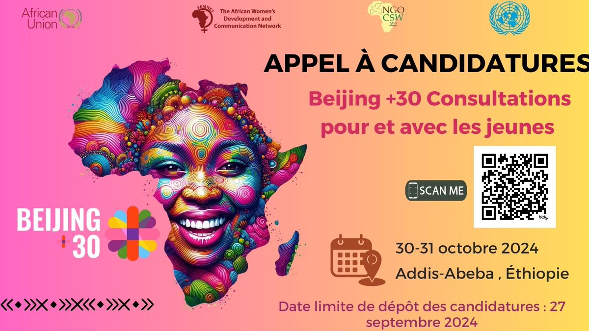 KasiitaMark's tweet photo. 📢📢 🌍Youth Call for Applications!
@FemnetProg calls upon all youth across Africa to apply for the Beijing +30 Youth Consultation.
#BDPfA is a key agreement that has guided global work on #GenderEquality for almost 30 years. As we approach its 30th anniversary, it’s crucial that young people from all regions are actively involved in continuing this work.
English: https://t.co/QZiQo32HxY…
French: https://t.co/tiRDzJbKoe…
Portuguese: https://t.co/VL6YlKoQvT…
Arabic: https://t.co/jLDtMxY0X6…
#Beijing30