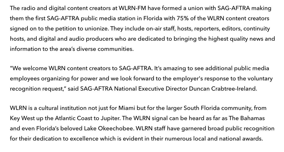 It's official.

@WeAreWLRN has 75% support (so far) and we call on WLRN's management of voluntarily recognize our new union with <a href="/sagaftra/">SAG-AFTRA</a>.