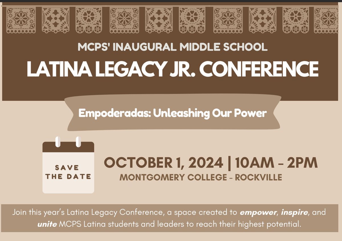 MCPS (@mcps) on Twitter photo 🌟For #HispanicHeritageMonth ALL Latina middle school students should join this day of empowerment, inspiration and connection.
Save the date: Oct. 1. from 10 a.m. - 2 p.m. at <a href="/montgomerycoll/">Montgomery College</a> Rockville Campus. Students can register here: mcpsmd.info/4gnIVM1. 🌟For #HispanicHeritageMonth ALL Latina middle school students should join this day of empowerment, inspiration and connection.
Save the date: Oct. 1. from 10 a.m. - 2 p.m. at <a href="/montgomerycoll/">Montgomery College</a> Rockville Campus. Students can register here: mcpsmd.info/4gnIVM1.