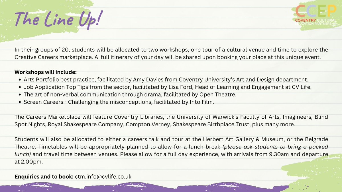Book now for the KS3 Creative Careers Week event from the Coventry Cultural Education Partnership, taking place across three of Coventry's cultural venues on Wednesday 20th November 2024 #DiscoverCreativeCareers @CreativeCareers5