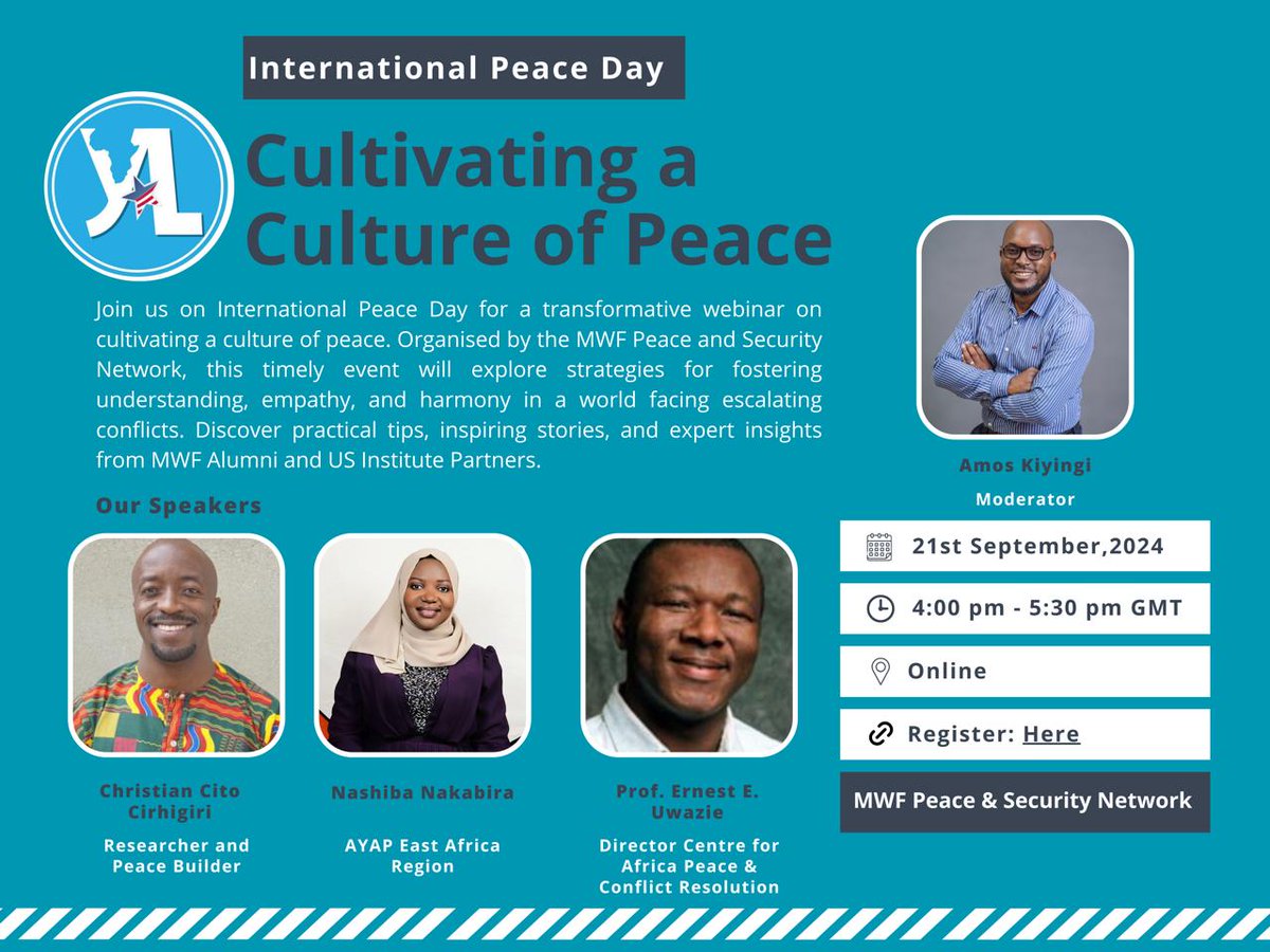 Join H.E. Amb <a href="/SNakabira/">Nashiba Nakabira</a> this Saturday, September 21st, to celebrate International Peace Day 🌍! Don’t miss the webinar on cultivating a culture of peace, hosted by the MWF Peace &amp; Security Network.

🗓️ Register here: us06web.zoom.us/meeting/regist…

#PeaceDay #AYAP2024 #CultureOfPeace