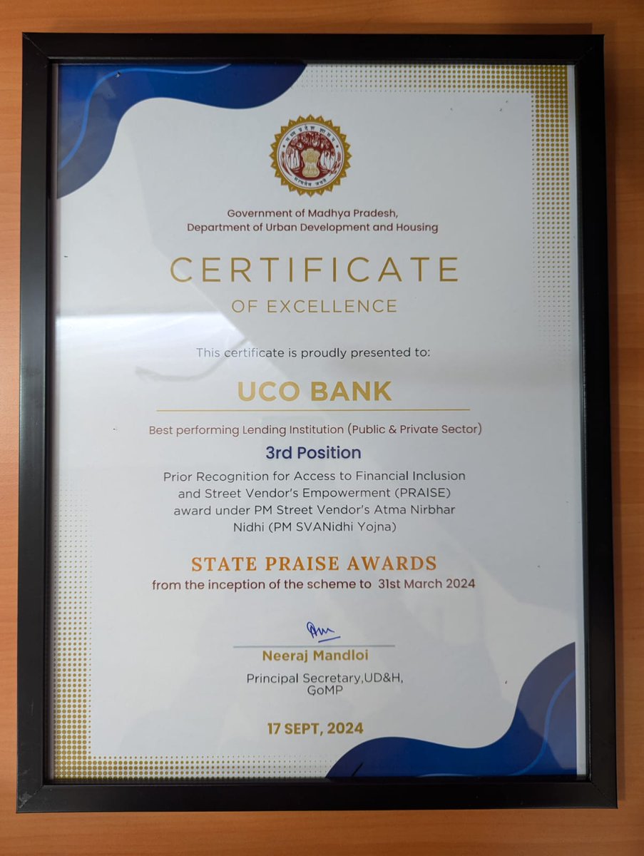 UCOBankOfficial's tweet photo. We proudly announce that UCO Bank has secured the 3rd position in the PRAISE Award under PM SVANidhi Yojana! 

This prestigious award was presented by Shri Kailash Vijayvargiya, Minister of Urban Development & Housing and Parliamentary Affairs. A big thanks to our dedicated Bhopal zone team for their hard work and commitment! Together, we are making a positive impact and reaching new milestones. Here’s to even greater achievements ahead! 

#UCOBank #PMSvanidhi #AwardWinningTeam #BankingSuccess #BhopalZone #Teamwork #FinancialInclusion #Banking #Finance #UCOTURNS81 #81YearsOfTrust