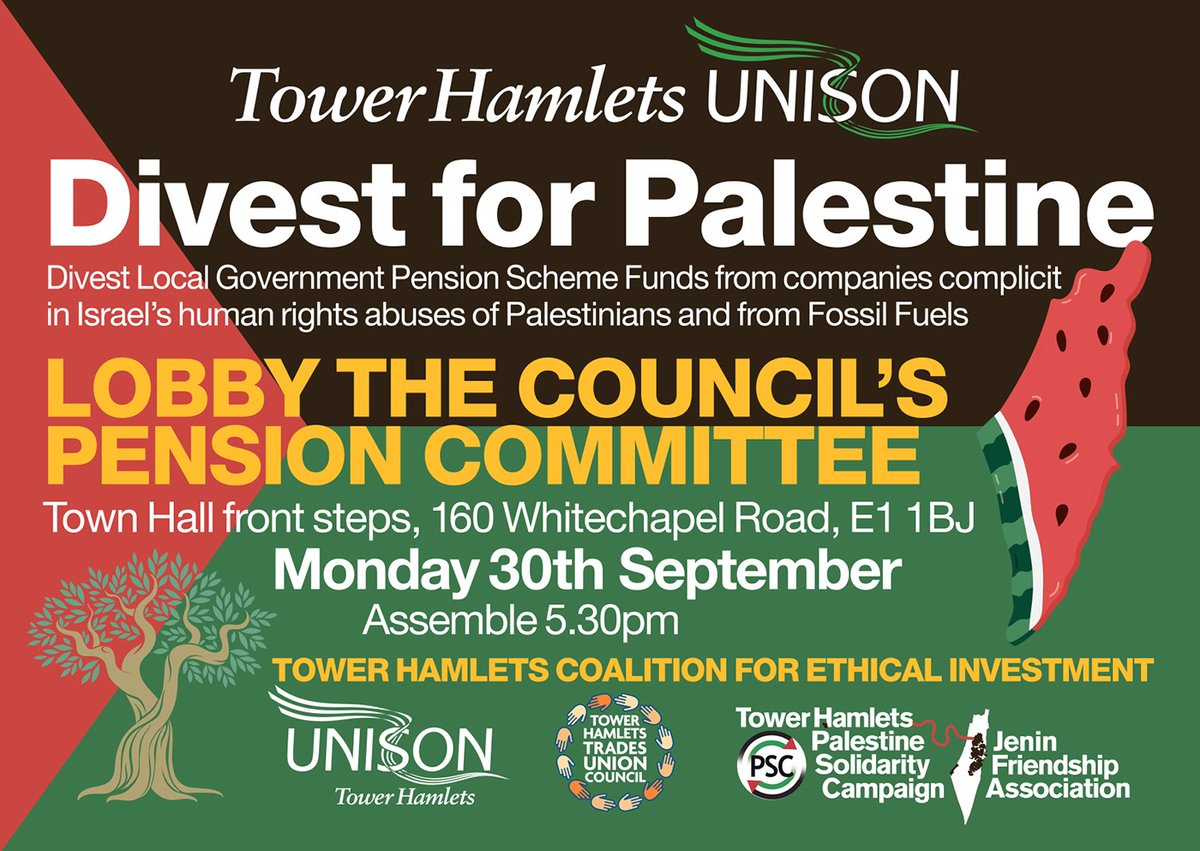 🎯Demand that Tower Hamlets Council divests its Pension Fund from companies that profit from genocide, occupation, death and destruction. Sign the petition NOW!

democracy.towerhamlets.gov.uk/mgEPetitionDis…

🇵🇸🔊Disclose: Divest: We will not stop, we will not rest!🔊🇵🇸
