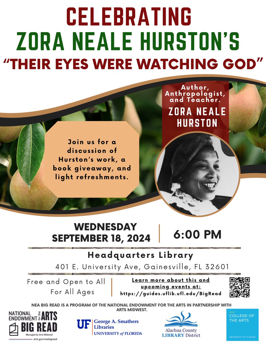 Join us 6PM tonight at Alachua Libraries HQ in downtown GNV for the <a href="/NEAarts/">Nat'l Endow f/t Arts</a> Big Read kickoff: ten months of programming celebrating 20th c. American writer, anthropologist and folklorist, Zora Neale Hurston. 

NEA Big Read grant partners: <a href="/uflib/">UF Libraries</a>, <a href="/alachualibrary/">Alachua Library</a>, @ufcota 📖
