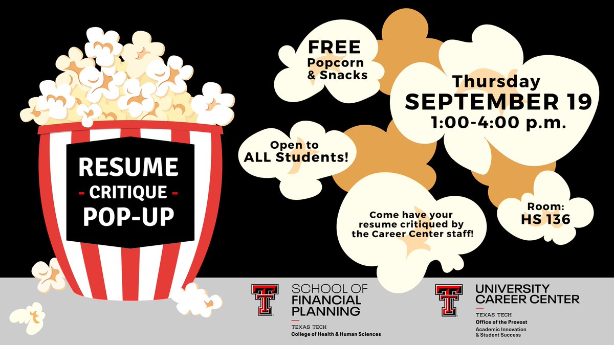 Join us for our Resume Critique Pop-Up TOMORROW in HS 136! Popcorn and snacks will be provided.