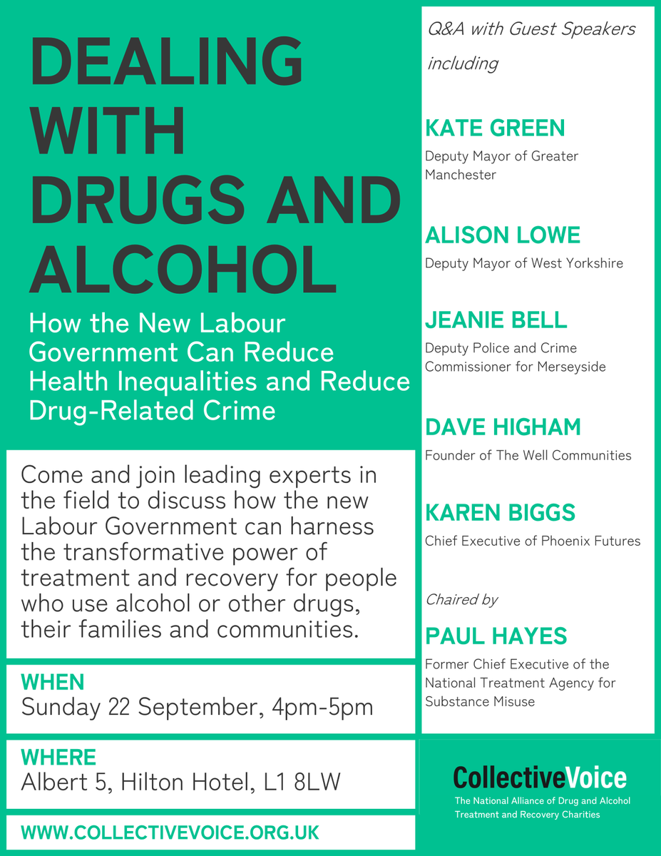Collective Voice (@collect_voice) on Twitter photo We're hosting an event at #LabConf24 on how dealing with #alcohol & other #drugs can help reduce crime & health inequalities. Impressive guest speakers include <a href="/DeputyMayorofGM/">Deputy Mayor for Safer and Stronger Communities</a> <a href="/DeputyMayorPCWY/">West Yorks Dep. Mayor for Policing & Crime</a> @JeanieBellDPCC <a href="/davehigham70/">David Higham</a> <a href="/PhoenixFutures1/">Phoenix Futures</a> Come & join the debate, 4pm Sunday We're hosting an event at #LabConf24 on how dealing with #alcohol & other #drugs can help reduce crime & health inequalities. Impressive guest speakers include <a href="/DeputyMayorofGM/">Deputy Mayor for Safer and Stronger Communities</a> <a href="/DeputyMayorPCWY/">West Yorks Dep. Mayor for Policing & Crime</a> @JeanieBellDPCC <a href="/davehigham70/">David Higham</a> <a href="/PhoenixFutures1/">Phoenix Futures</a> Come & join the debate, 4pm Sunday