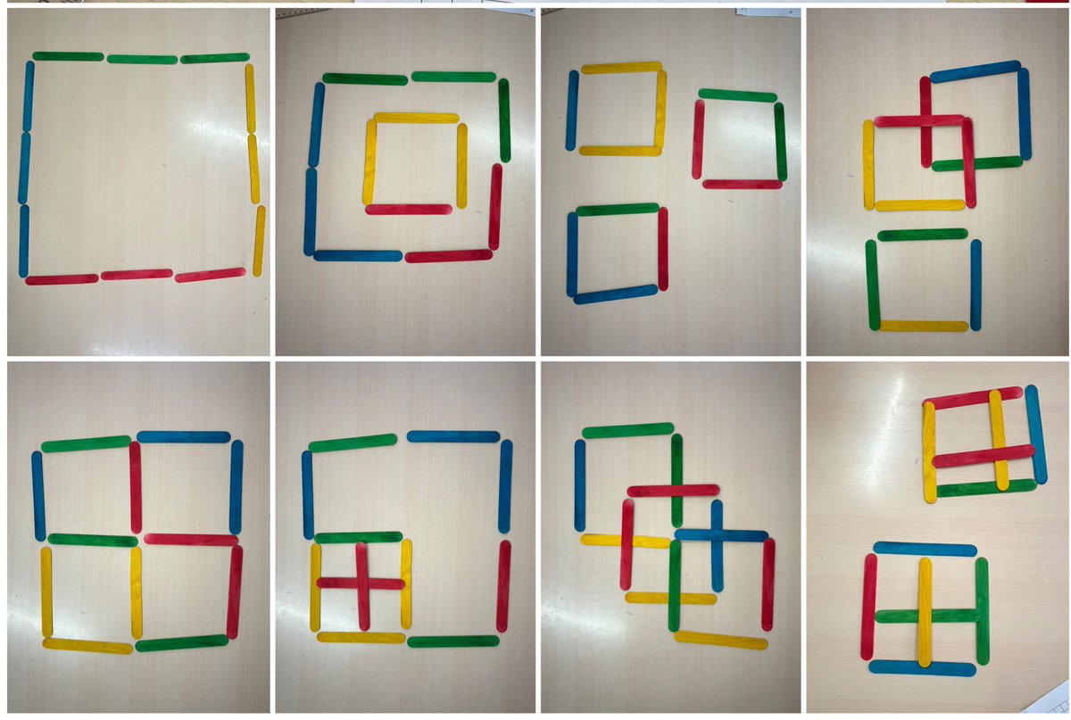 CarlesGranell4's tweet photo. Fem quadrats! 🟦

👉🏼 Utilitza els 12 pals per formar un quadrat, és possible? Pots crear 2 quadrats sense que en sobri cap? I 3 quadrats? I 4? Quin és el màxim?

🔗 Proposta de @mathequalslove a 4t de primària ~ https://t.co/HLK49fSxuf https://t.co/0sr5Z66IEf