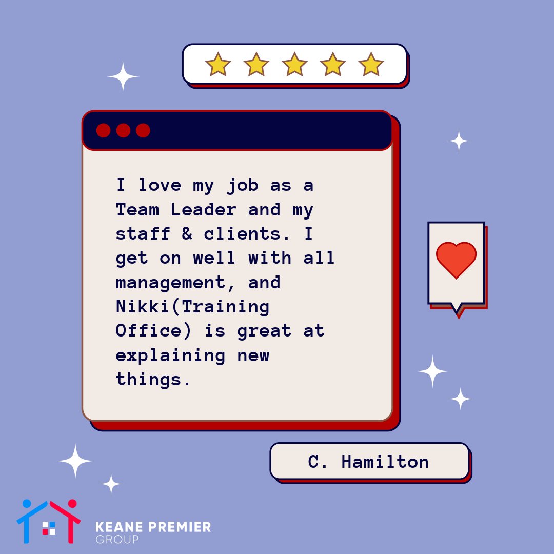 We are proud to showcase the dedication and passion of our team at Keane Premier Group. Here's what Clair had to say about their experience working with us!

Our staff is at the heart of the exceptional care we provide every day. #TeamSpotlight #KPGCares #EmployeeTestimonials