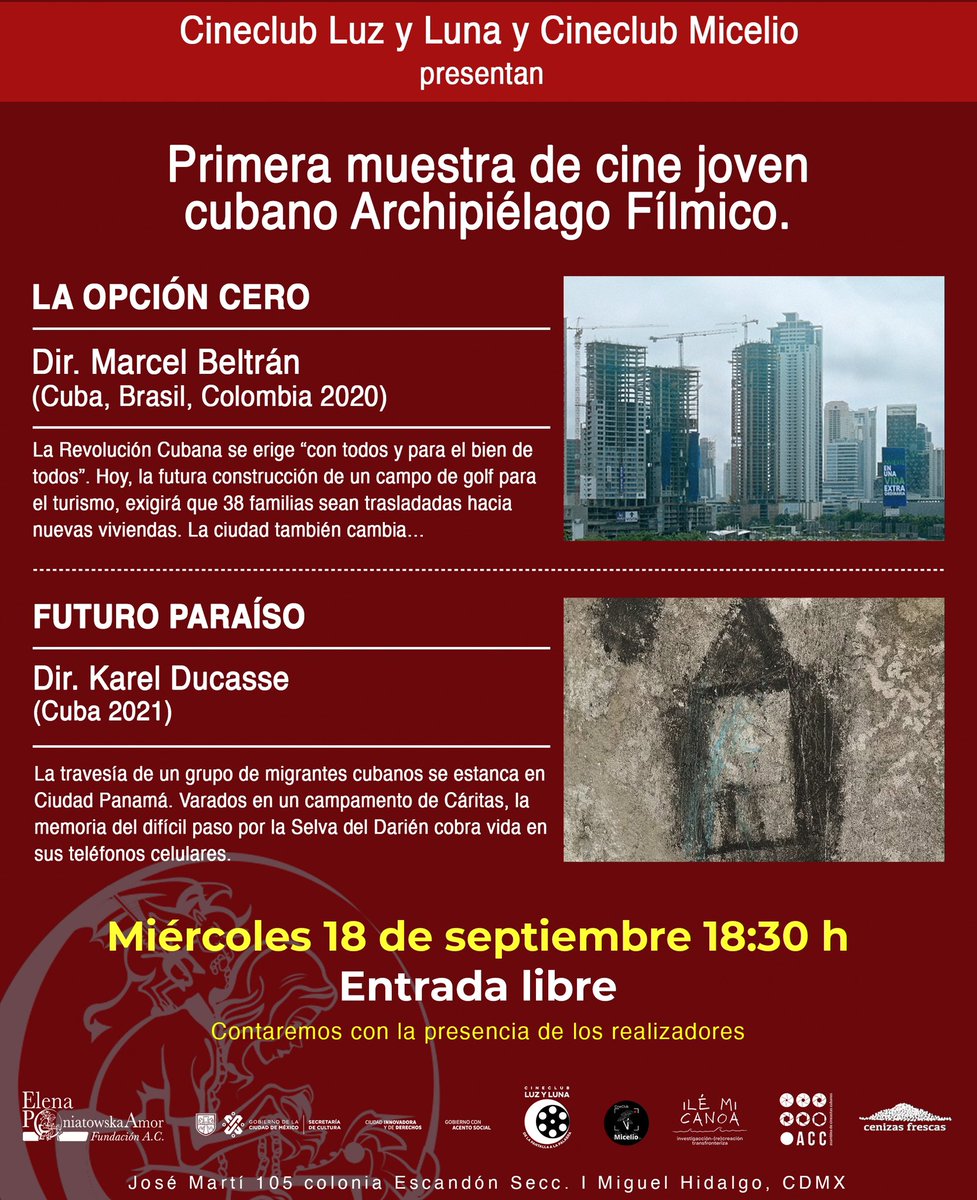 FEPoniatowskaA's tweet photo. Hoy hay cine en la Fundación.

La Primera Muestra de cine joven cubano Archipiélago Fílmico presenta las cintas:

La opción cero y Futuro paraíso.

Te esperamos hoy a las 18:30 horas en la #Escandon 
🟢 Entrada libre.
¡Ven a la Fundación!
#cine #ElenaPoniatowska https://t.co/FH3bcVSEQh