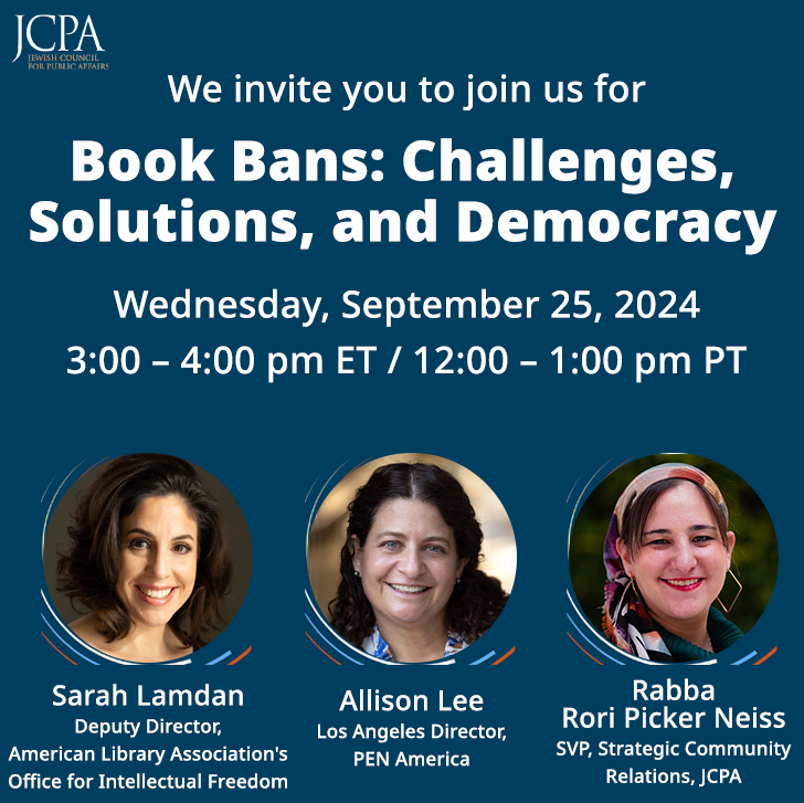 Jewish Council for Public Affairs (@thejcpa) on Twitter photo Join us NEXT WEDNESDAY, September 25th, for this important webinar to mark Banned Books Week with <a href="/ALALibrary/">American Library Association</a>’s @greenarchives1, <a href="/PENamerica/">PEN America</a>’s Allison Lee, and our very own Rabba <a href="/roripn/">Rori Picker Neiss</a>.
Register here: tinyurl.com/BookBansWebinar Join us NEXT WEDNESDAY, September 25th, for this important webinar to mark Banned Books Week with <a href="/ALALibrary/">American Library Association</a>’s @greenarchives1, <a href="/PENamerica/">PEN America</a>’s Allison Lee, and our very own Rabba <a href="/roripn/">Rori Picker Neiss</a>.
Register here: tinyurl.com/BookBansWebinar