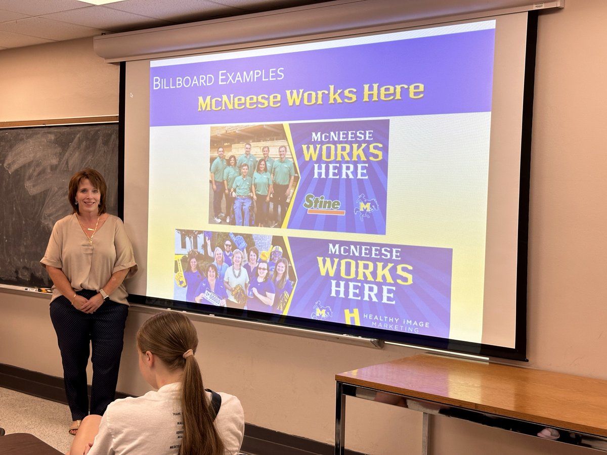 McNeese's tweet photo. McNeese alum Kristy Armand, owner of Healthy Image Marketing Agency and Thrive Magazine, spoke to our mass comm students this morning about the McNeese Works Here campaign. It's time to post your McNeese Works Here pics, and don't forget to use #McNeeseWorksHere. Thank you! https://t.co/S2xmVAEmFy