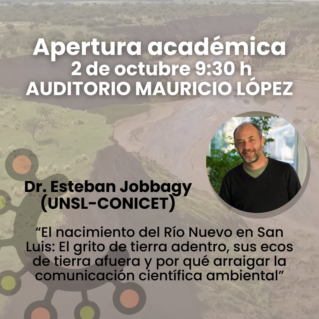Apertura Académica: Dr. Esteban Jobbagy (UNSL-Conicet) “El nacimiento del Río Nuevo en San Luis: El grito de tierra adentro, sus ecos de tierra afuera y por qué arraigar la comunicación científica ambiental”.
🔸¡Falta muy poquito para encontrarnos! ¡Salud!