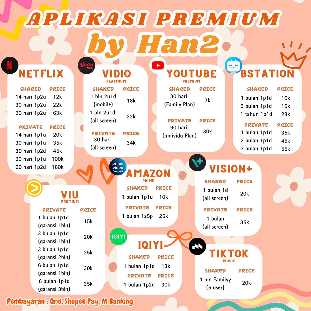 ByHanhan's tweet image. Ready app premium netflix Vidio Platinum Youtube Premium BStation Viu Premium Amazon Prime Vision+ Iqyi Tiktok Music Canva Pro Capcut Pro #zonauang ✨