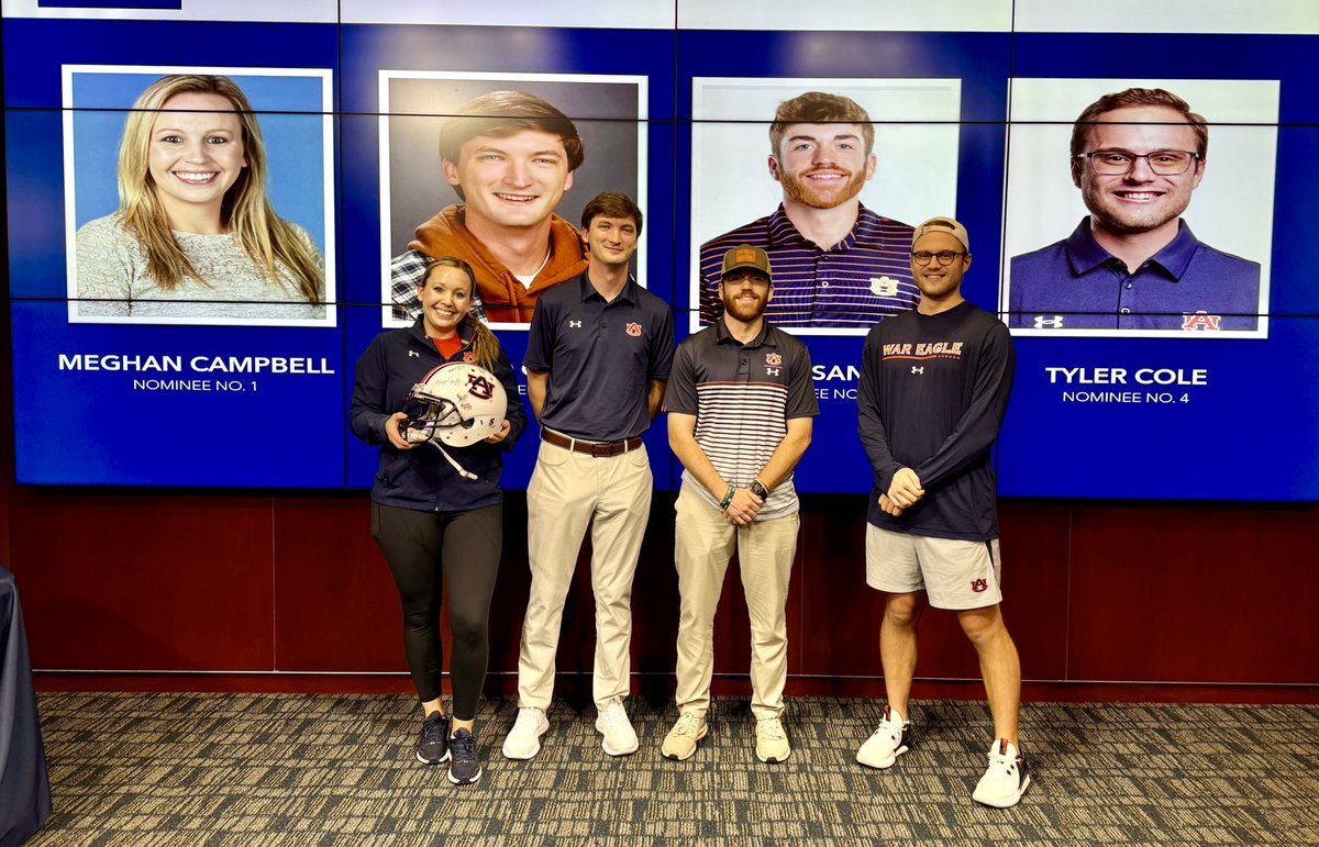 RhettHobart's tweet photo. Congratulations to the four nominees for our @AuburnTigers External Staff Spotlight for the month of August ⤵️

@mmcampbell21
@Davidgray030 
@JarrettSanders3 
@tcolesworld21 

And congrats to Meghan for being our winner and taking home the coveted helmet for the month!

#WarEagle https://t.co/wvxrvm0yL2