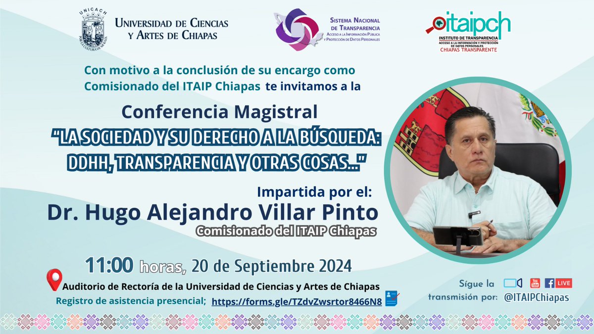 👉Con motivo a la conclusión de su encargo como Comisionado del ITAIPCh te invitamos a la Conferencia Magistral "La Sociedad y su Derecho a la Búsqueda: DDHH. Transparencia y Otras Cosas..."
📅20 de septiembre
⏰11:00 hrs
Registro de asistencia presencial: forms.gle/TZdvZwsrtor846…