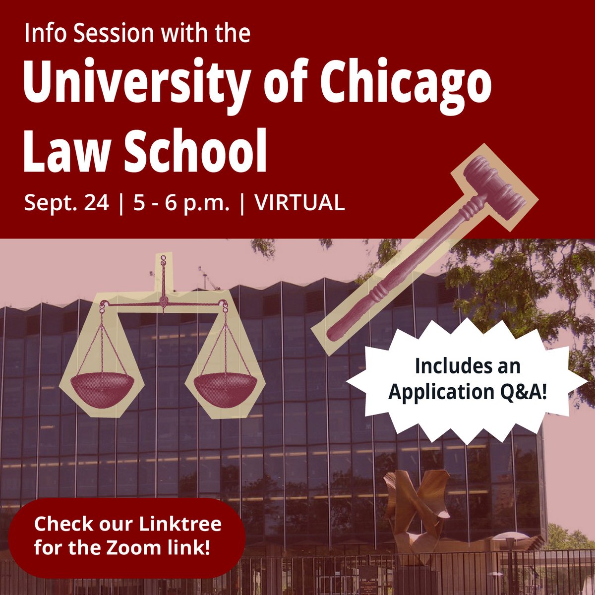 Calling all Pre-Law Students 📣 Join a University of Chicago School of Law representative to discuss law school application components and enjoy a Q&amp;A session! This is a great opportunity for all Pre-Law students regardless of when they plan to apply to law school! 💼 👔