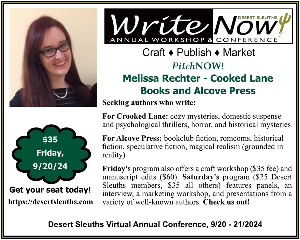 I’ll be attending (virtually) the WriteNow! Conference! Can’t wait to hear your pitches! #desertsleuths