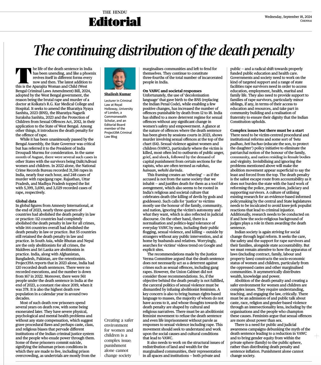 Dr. Shailesh Kumar ( डॉ. शैलेश कुमार ) (@shailesh_rhul) on Twitter photo My piece on #deathpenalty #VAWC is on today's lead edit page of <a href="/the_hindu/">The Hindu</a>. Thanks to the editors n my friends/colleagues Daanika, Eklavya, n <a href="/PupulDPrasad/">Pupul Dutta Prasad</a> for feedback.
<a href="/TheHinduComment/">The Hindu Comment</a> <a href="/VAWGRN/">VAWG Research Network</a> <a href="/LawEmotion_CRN/">Law & Emotion CRN</a> <a href="/DPRUOxford/">Death Penalty Research Unit, Oxford</a> <a href="/RHUL_Law/">Royal Holloway Law and Criminology</a> <a href="/amnesty/">Amnesty International</a> @P39A_nlud @ResearchLex <a href="/oxsaaf/">Oxford South Asian Ambedkar Forum</a> My piece on #deathpenalty #VAWC is on today's lead edit page of <a href="/the_hindu/">The Hindu</a>. Thanks to the editors n my friends/colleagues Daanika, Eklavya, n <a href="/PupulDPrasad/">Pupul Dutta Prasad</a> for feedback.
<a href="/TheHinduComment/">The Hindu Comment</a> <a href="/VAWGRN/">VAWG Research Network</a> <a href="/LawEmotion_CRN/">Law & Emotion CRN</a> <a href="/DPRUOxford/">Death Penalty Research Unit, Oxford</a> <a href="/RHUL_Law/">Royal Holloway Law and Criminology</a> <a href="/amnesty/">Amnesty International</a> @P39A_nlud @ResearchLex <a href="/oxsaaf/">Oxford South Asian Ambedkar Forum</a>