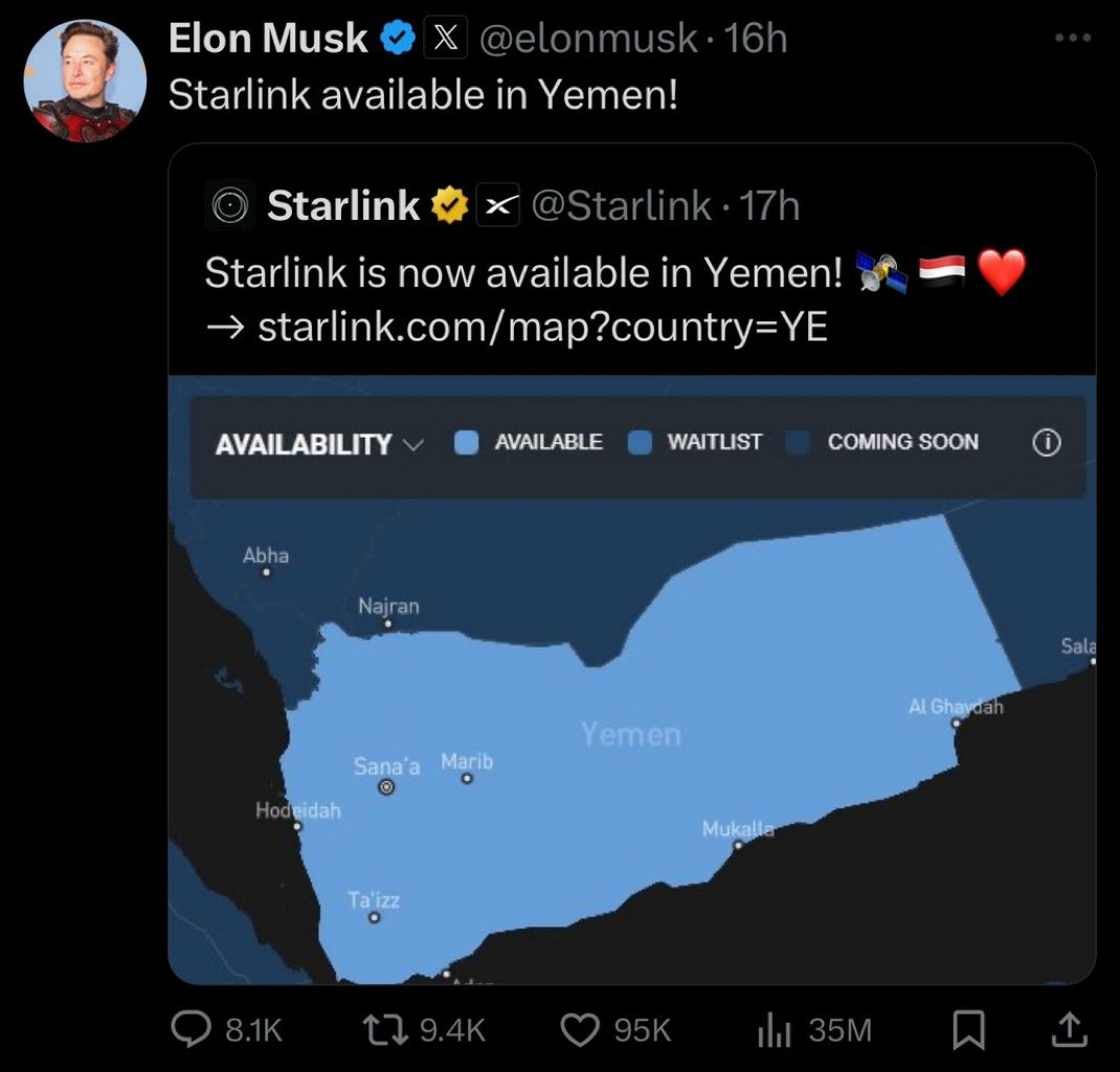 ecomarxi's tweet image. Tuesday: Israel uses new technology to commit terrorist attack on its enemy, Lebanon

Wednesday: The personal friend of Netanyahu and Pentagon contractor Elon Musk rolls out new technology to another one of Israel’s enemies, Yemen

Could this be more transparent?