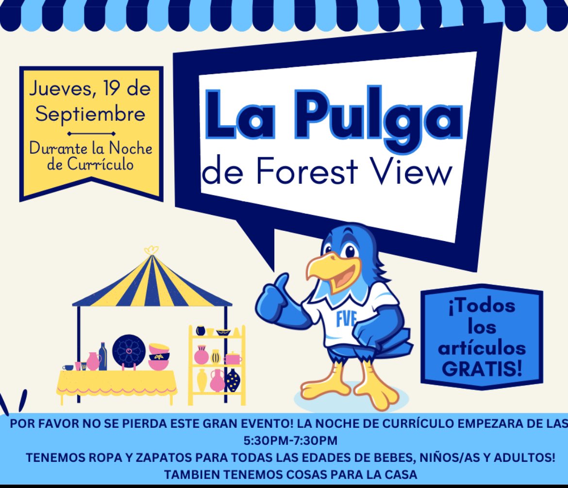We are so excited to bring back our free flea market for curriculum night! Please don’t miss this great opportunity!

Estamos muy emocionados de traer este gran evento durante la noche de currículo! La Pulga tendrá todo gratis para que las familias! No se pierda esta oportunidad!