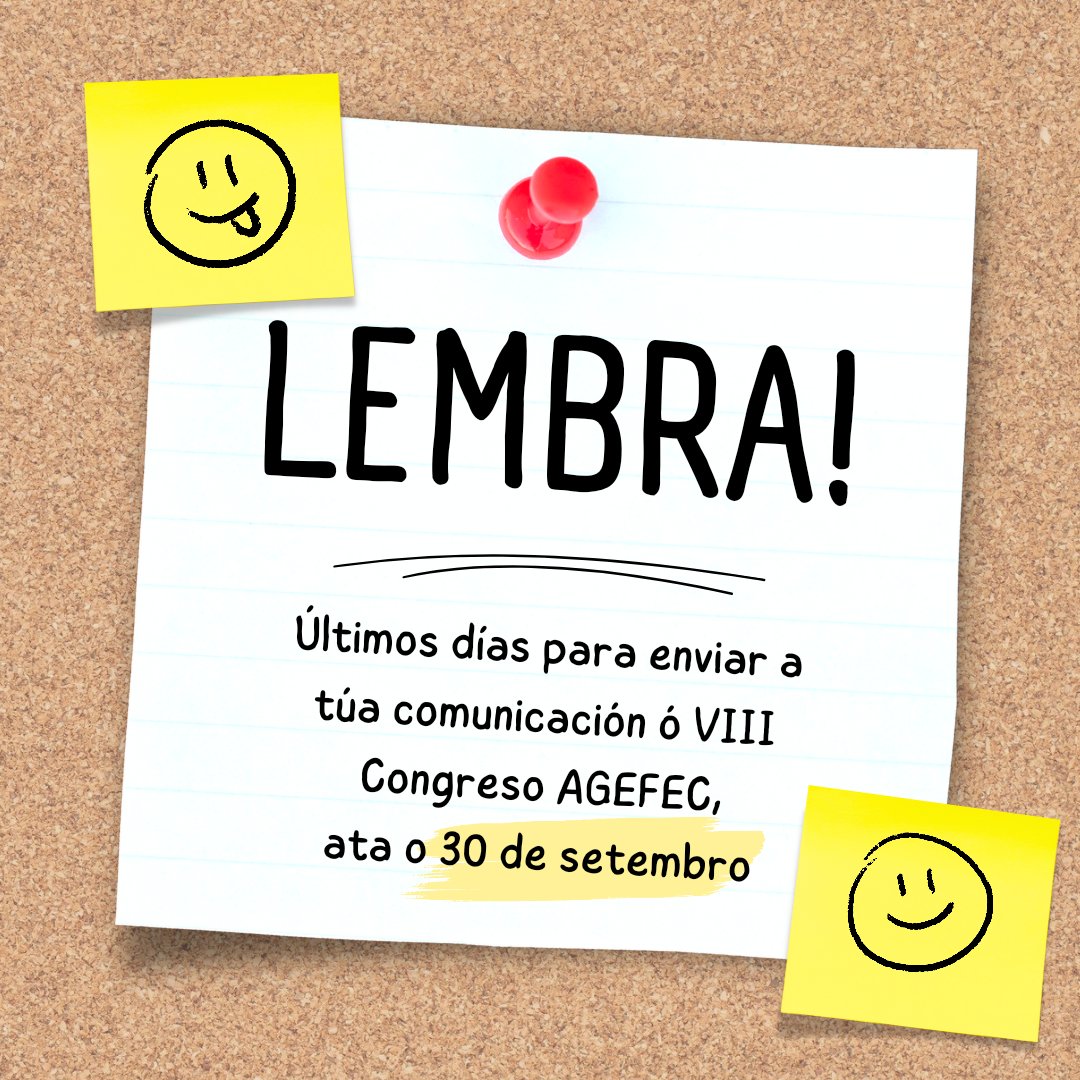 agefec's tweet photo. ‼️Lembra que o prazo para a presentación de traballos ó VIII #CongresoAGEFEC finaliza o próximo 30 de setembro.
📝 Queremos animarvos a presentar os vosos traballos
#congresoagefec #enfermeria #enfermeríafamiliarycomunitaria #efyc #EIR #AGEFEC https://t.co/1A0NfXhz8I