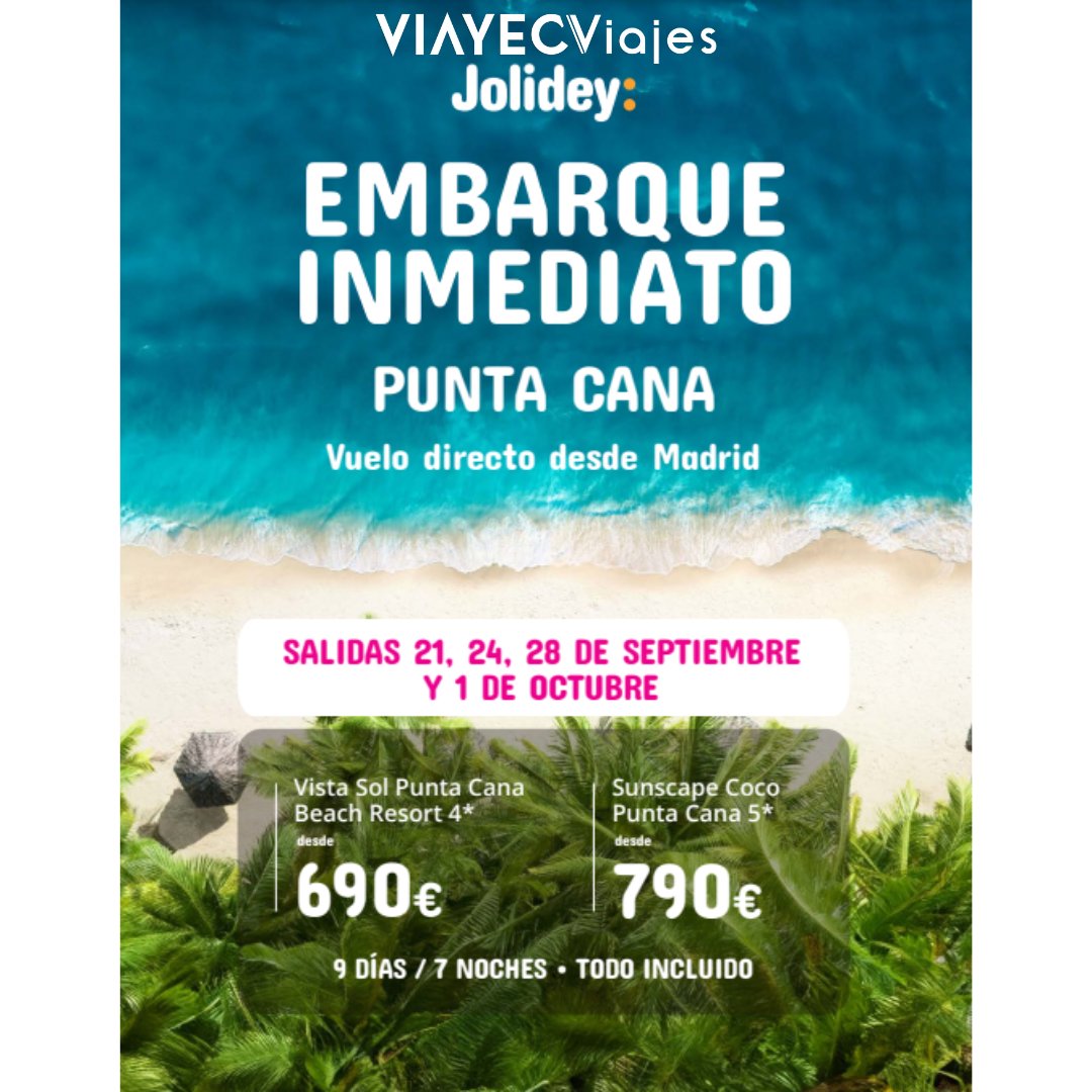 ¡¡Ofertas de ultima hora!!
Riviera Maya y Punta Cana 
Incluyen vuelos directos desde Madrid, hotel 4* o 5* en Todo Incluido en las fechas indicadas
*Los precios indicados son por persona*
Para más información, contáctanos