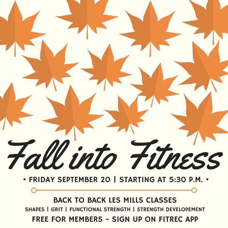 Fall into Fitness with FitRec this Friday, September 20! 🍂 🍁 🏋️‍♂️ 

Members can sign up for free now on the FitRec app. We hope you'll join us for a night full of fun 🎉 💪 

#mvccfitrec #fallintofitness #lesmills #groupfitness
