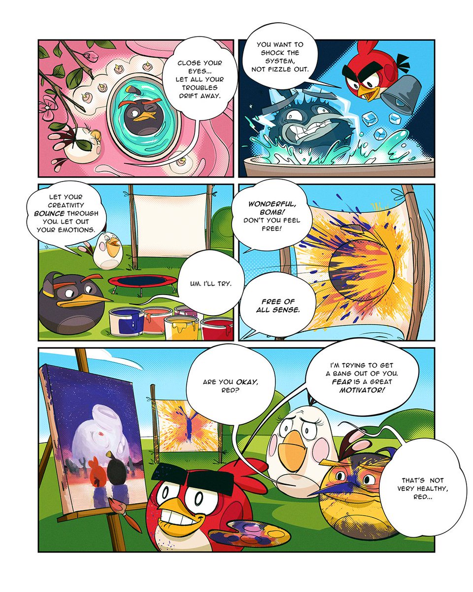 AngryBirds's tweet photo. it's bomb's time to shine!
in our 3rd angry birds 15th anniversary comic "Mr. Bomb-bastic", bomb battles his inner demons (and me) trying to overcome the pressure to succeed.
what if he never gets his boom back??

1/3 https://t.co/Acq2n5Jj2H