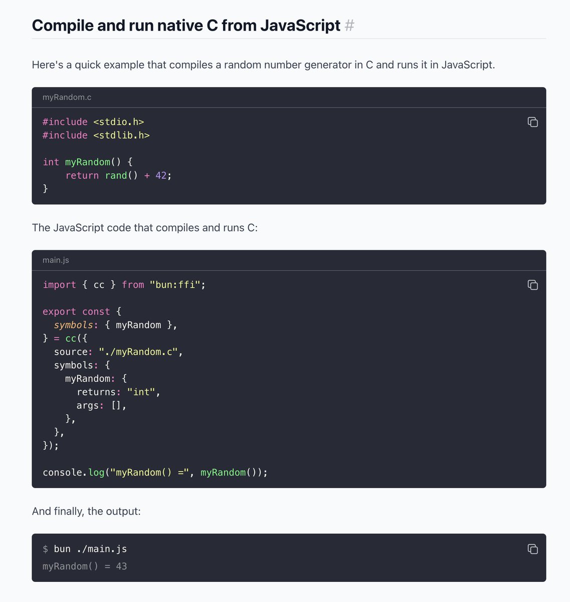 In Bun v1.1.28, we added support for compiling and running C from JavaScript

bun.sh/blog/compile-a…