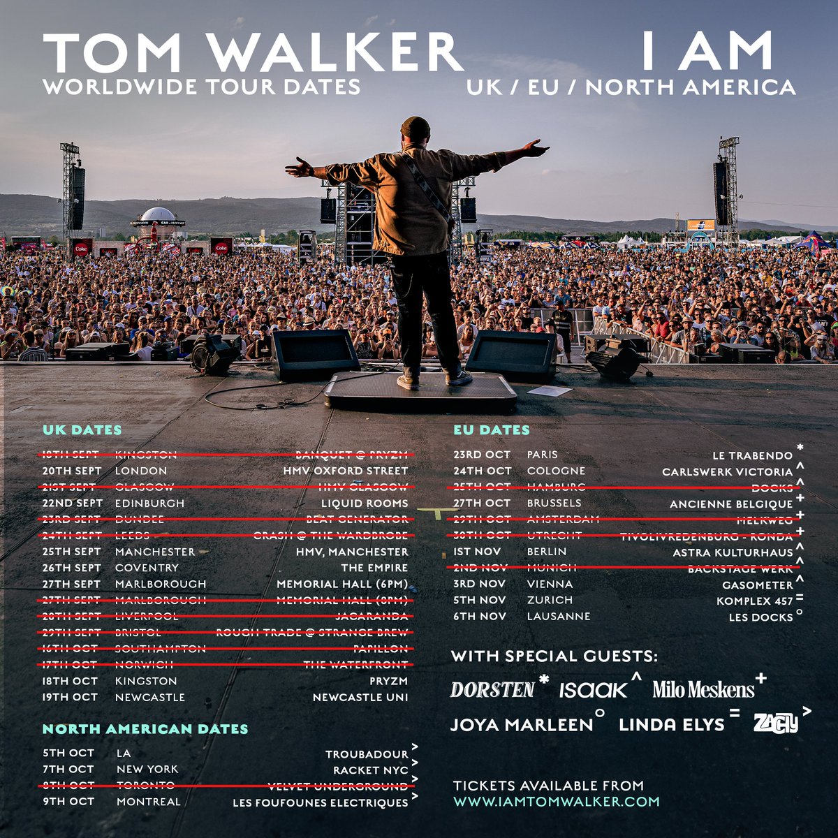 Gonna be a busy end of the year!! Hitting the road in the UK, US &amp; Canada and Europe 🌎
Thank you @dorstenmusic, Isaak, <a href="/MiloMeskens/">Milo Meskens</a>, Joya Marleen, Linda Elys, Zachy for supporting me, such talented artists, you're gonna love them
Grab your tickets now iamtomwalker.com/events/