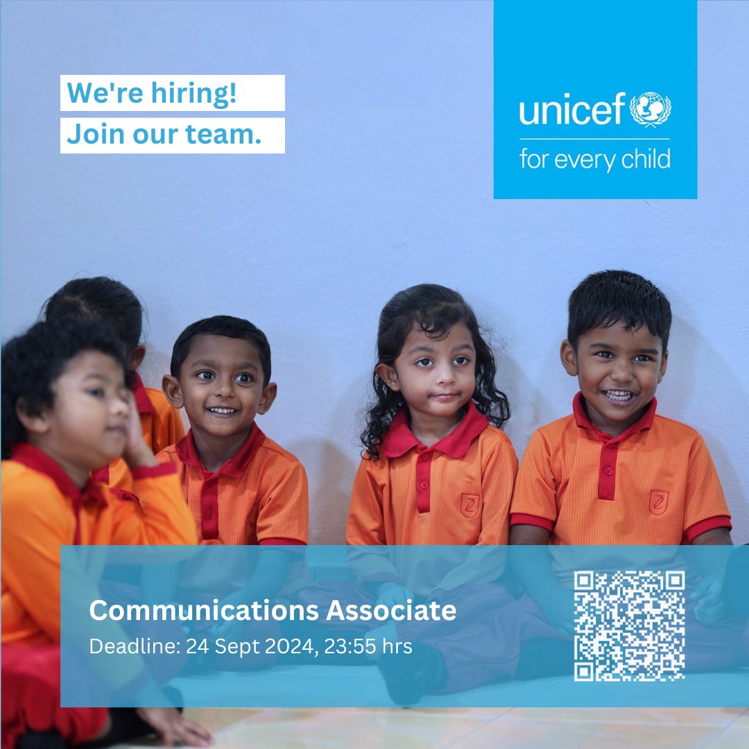 UNICEFMaldives's tweet photo. Re-advertisement 👇 

We are hiring!

Communications Associate

For more details: https://t.co/N5ZxKvpxB8
Application link: https://t.co/zE1pYhmsHm
Apply before: 24 Sept 2024, 23:55 hrs https://t.co/f91F4zx1CN