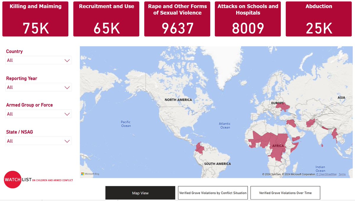 📢 NEW: Watchlist Children and Armed Conflict Global Dashboard 

To explore the Watchlist CAAC Global Dashboard and learn more about the data, visit: watchlist.org/resources/caac…

<a href="/1612Watchlist/">Watchlist</a>'s new CAAC Global Dashboard presents data from the United Nations Secretary-General's