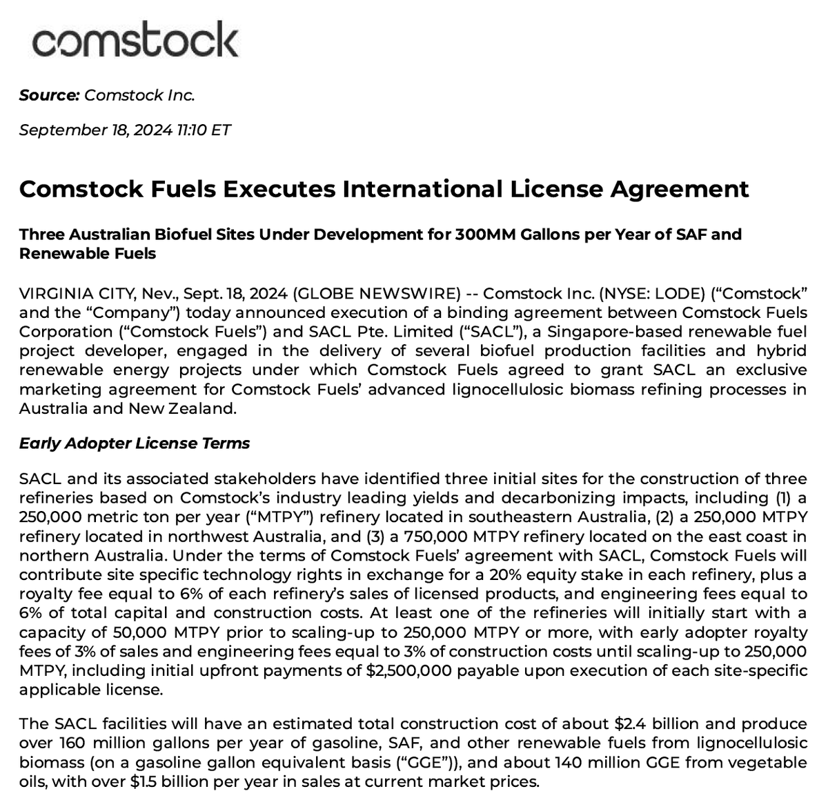 dwinsness's tweet photo. 1/2 I'm excited to announce an exclusive international licensing agmt w/SACL Pte. Limited (“SACL”), a Singapore-based renewable fuel company for at least three biofuel production facilities using Comstock Fuels’ advanced lignocellulosic biomass refining processes... https://t.co/UTdYMyD3Sd