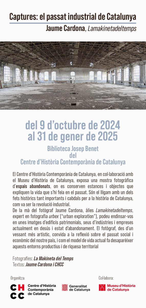 makinetatemps's tweet photo. Estimats, estimades, em plau enormement convidar-vos a la inauguració de l'exposició fotogràfica que tindrà lloc el pròxim dia 9 d'octubre a les 18:30 al Centre  d'Història Contemporània de Catalunya (BCN)
Si veniu, serà un plaer poder-vos saludar personalment. Entrada lliure. https://t.co/MXUfm8oIE3