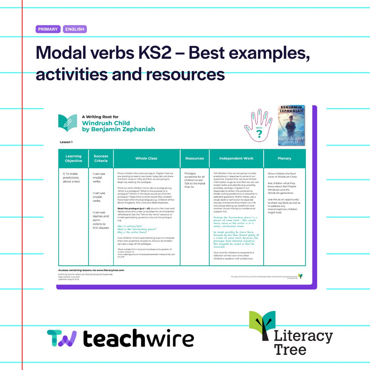 theliteracytree's tweet photo. Looking for ways to teach modal verbs in an engaging way @teachwire has featured lesson 1 of our Windrush Child #WritingRoot in their latest post on modal verbs activities for KS2!
Develop grammar skills while discovering the inspiring Windrush generation: https://t.co/GFHN2jVfQW https://t.co/O6ceqKyecs