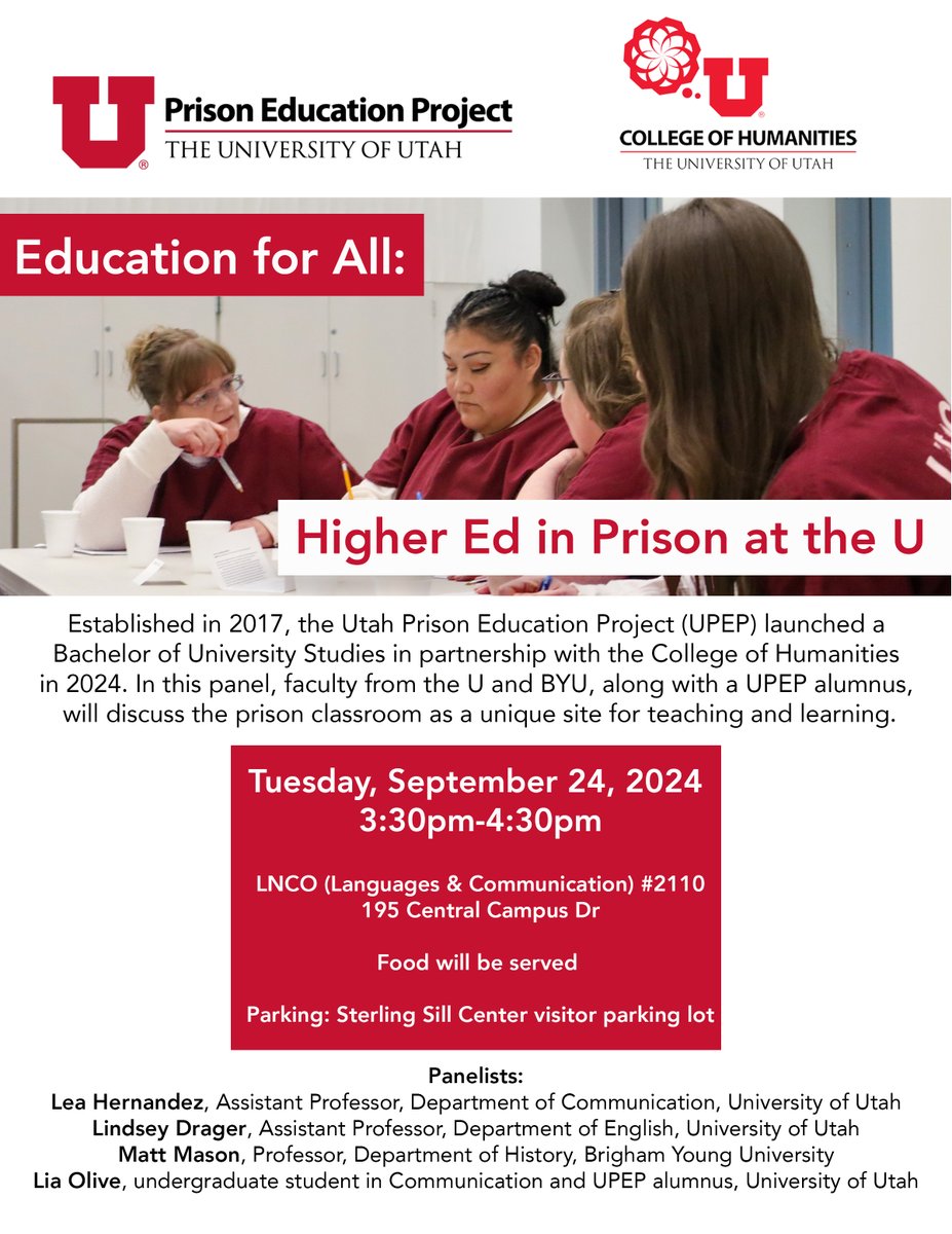 UU Prison Ed Project (@utah_prisoned) on Twitter photo Join us on campus next Tuesday for an engaging panel discussion, "Education For All: Higher Education in Prison at the U," hosted by UPEP in collaboration with the College of Humanities.
<a href="/UofUHumanities/">U of U Humanities</a> <a href="/UofUUndergrad/">UofU Undergraduate Studies</a> Join us on campus next Tuesday for an engaging panel discussion, "Education For All: Higher Education in Prison at the U," hosted by UPEP in collaboration with the College of Humanities.
<a href="/UofUHumanities/">U of U Humanities</a> <a href="/UofUUndergrad/">UofU Undergraduate Studies</a>