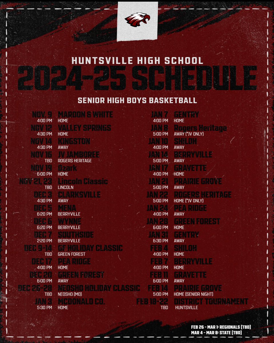 OFFICIAL RELEASE! 🏀🦅

2024-25 Senior Boys Basketball Schedule

Other schedules will be posted at a later date, but with the excitement of basketball season brewing we are excited to share with you the release of our upcoming schedule. 

#TalonsOut