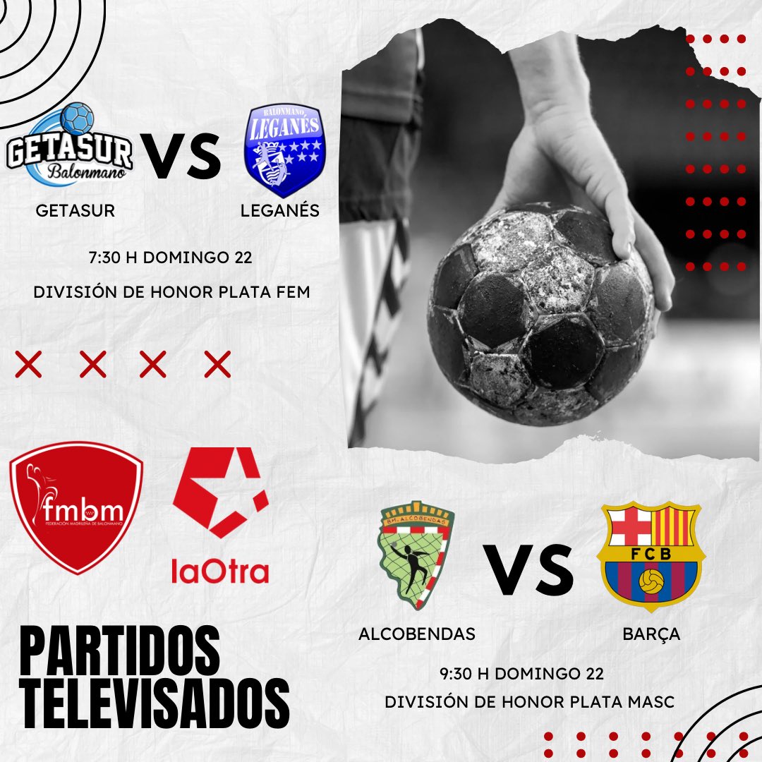 fedmadridbm's tweet photo. 📡🤾🏼‍♂️| #BalonmanoMadrileño en la TV📺 a través de @telemadrid en @laOtraTM. 

⏰7:30h: domingo 22 @BMGetasur y @CBLeganes 
🎙️ @Carlosgallegobe @lna6lnita 

⏰9:30 h: domingo 22 @bmalcobendas y @FCBhandbol Atletic
🎙️ @DargelMARCA @AlbertRocas 

#BalonmanoEnLaTV https://t.co/qnSUB16IyN