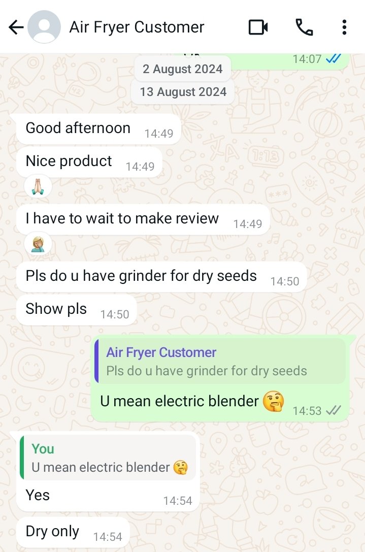cornect4rill's tweet photo. So, this customer got my number online, requested &amp; purchased an Air Fryer on the 2nd of August this year. On the 13th of the same month, she chatted me up to request for an Electric Blender and also used the opportunity to make a review of the Air Fryer she bought earlier💃💃💃 https://t.co/SP1nQqCLbQ