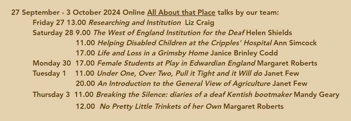 This year's All About That Place  event will see 7 of our team presenting talks - see the list below, we are very much looking forward to being involved

Find out more 
sog.org.uk/all-about-that…

#AATP
<a href="/OnePlaceStudies/">Society for One-Place Studies 1⃣🏘️🔎</a> 
<a href="/SocGenealogists/">Society of Genealogists</a>