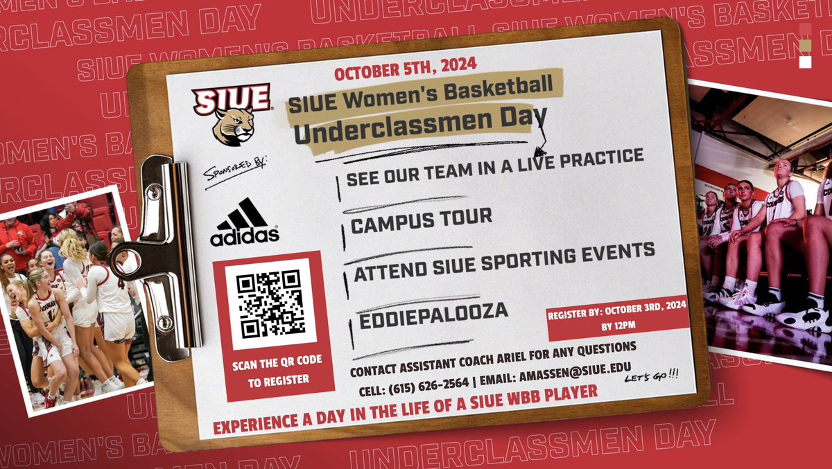 🚨It’s Underclassmen Day!🚨
You’re invited for a sneak preview of the 2024-2025 SIUE Women’s Basketball Team!!

Link to register below👇🏼
siuewbb.givesmart.com
