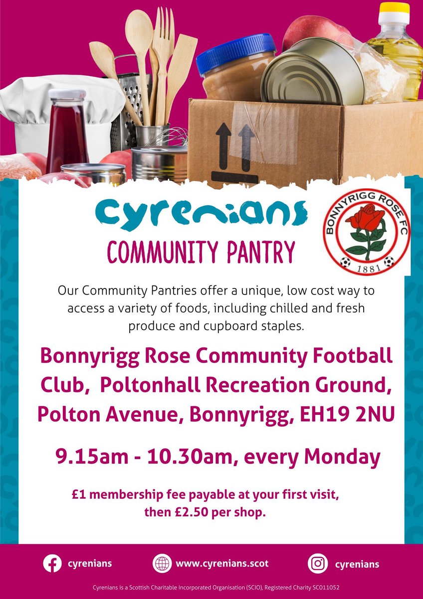 If you’re concerned about the increasing cost of living, Bonnyrigg Rose Community Football Club in Partnership with the Cyrenians offer a weekly Pantry Service to take the strain off your weekly shopping bill

Pop in and see us 🙌🏻